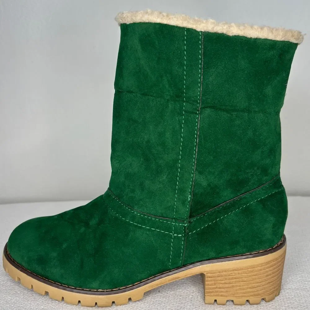 Green Ankle Boots Christmas Holiday Fuzzy Sherpa Heel Sz 9.5 Women's Winter Boot